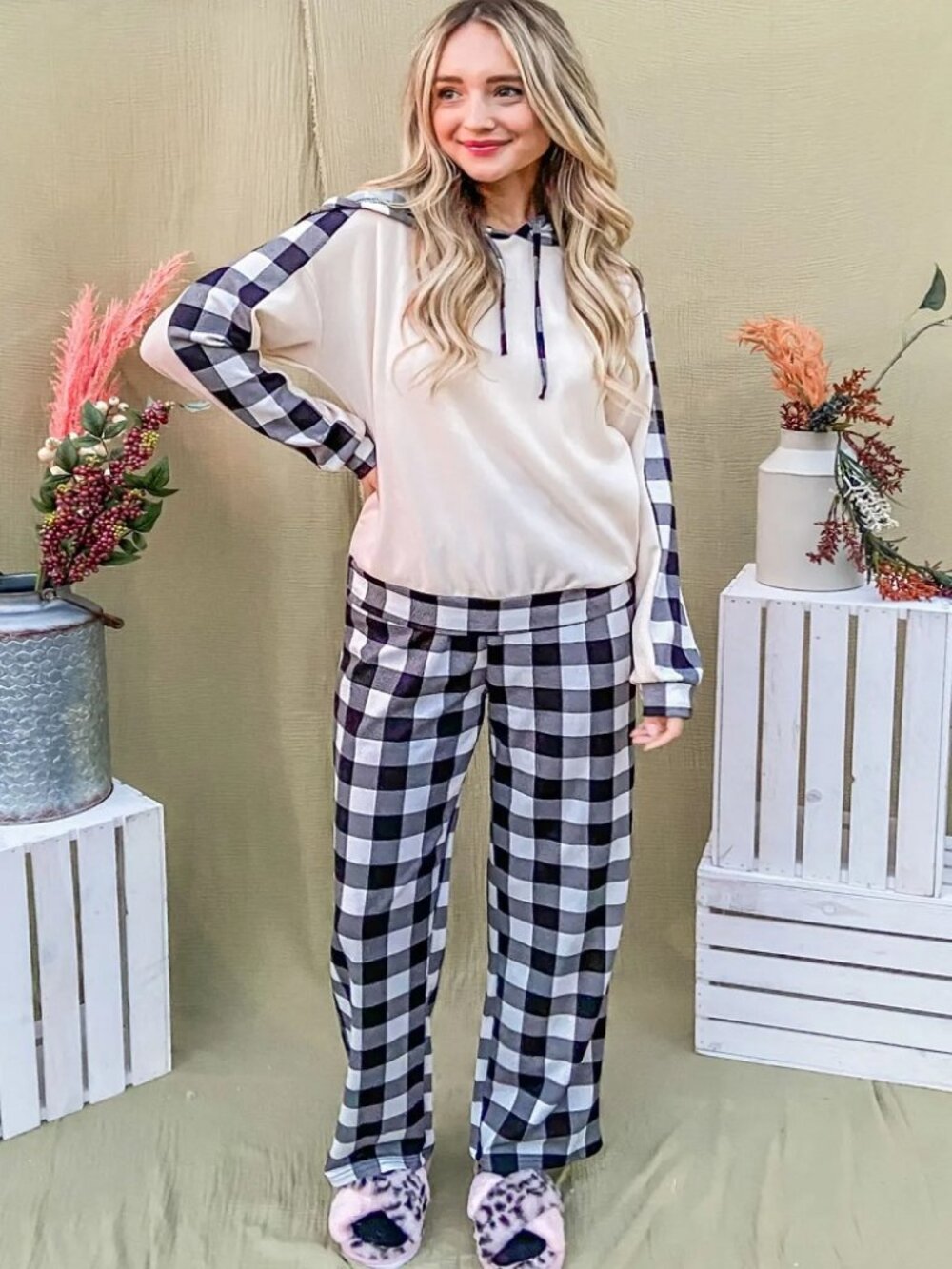 Cozy Plaid Lounge Set Hoodie Drawstring Top & Pants Size - Picture 4 of 8